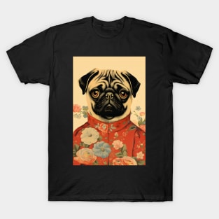 Floral Pug Dog Portrait in Suit Vintage Art T-Shirt